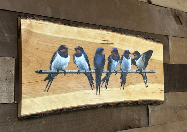 Bird Wall Art on Cherry Live Edge | Metal Swallow Silhouette | Rustic Farmhouse Decor