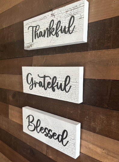 Rustic Wood Sign Set: Thankful, Grateful, Blessed, Farmhouse Decor