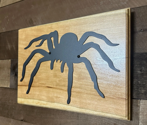 Metal Spider Wall Art on Cherry Wood | Man Cave, Boys Room Decor