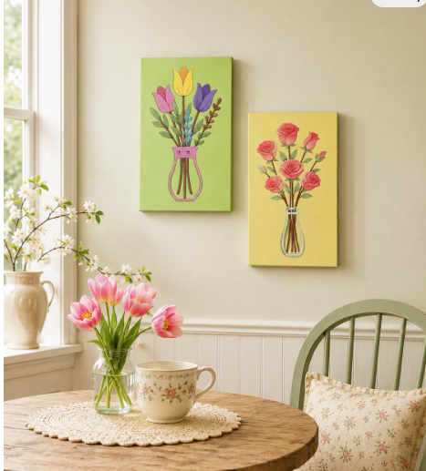 Spring Floral Wall Art Set of 2, Tulip and Rose Artwork, Cottagecore Decor, Colorful Flower Wall Hanging, Farmhouse Botanical Art