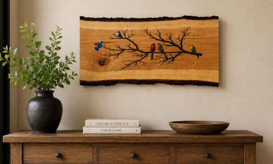 Colored Bird Metal Silhouette on Cherry Live Edge Wood Wall Art | Rustic Nature Decor | Handmade Woodland Branch Sign