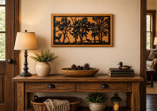 Deer Forest Wall Art on Cherry Wood | Colored Metal Wildlife Scene | Hunting Cabin Decor | Rustic Lodge Decor | Gift for