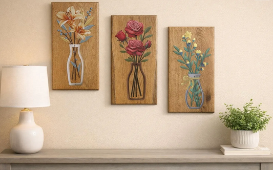 Floral Metal Wall Art on White Oak | Roses, Lilies & Wildflowers | Farmhouse Entryway Décor