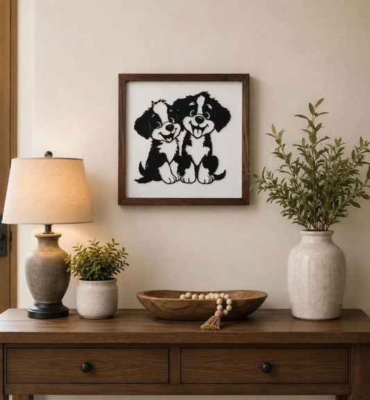 Cute Puppy Wall Art | Black Metal Dog Silhouette on White Distressed Wood | Black Walnut Framed Pet Decor | Dog Lover Gift