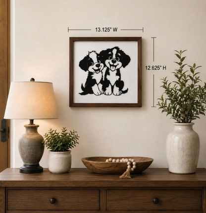 Cute Puppy Wall Art | Black Metal Dog Silhouette on White Distressed Wood | Black Walnut Framed Pet Decor | Dog Lover Gift