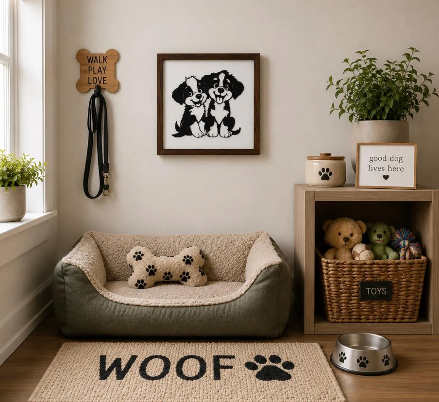 Cute Puppy Wall Art | Black Metal Dog Silhouette on White Distressed Wood | Black Walnut Framed Pet Decor | Dog Lover Gift
