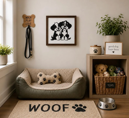 Cute Puppy Wall Art | Black Metal Dog Silhouette on White Distressed Wood | Black Walnut Framed Pet Decor | Dog Lover Gift