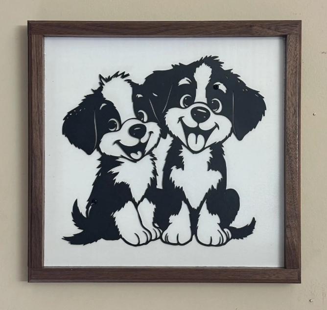 Cute Puppy Wall Art | Black Metal Dog Silhouette on White Distressed Wood | Black Walnut Framed Pet Decor | Dog Lover Gift