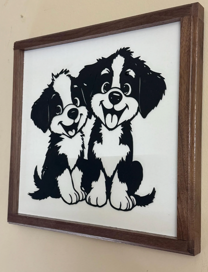 Cute Puppy Wall Art | Black Metal Dog Silhouette on White Distressed Wood | Black Walnut Framed Pet Decor | Dog Lover Gift