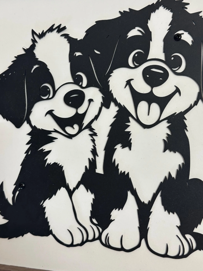 Cute Puppy Wall Art | Black Metal Dog Silhouette on White Distressed Wood | Black Walnut Framed Pet Decor | Dog Lover Gift