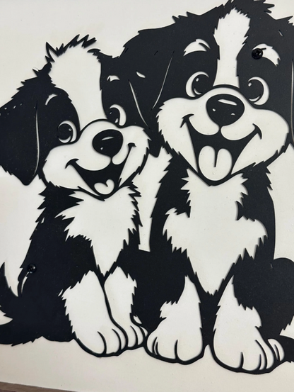 Cute Puppy Wall Art | Black Metal Dog Silhouette on White Distressed Wood | Black Walnut Framed Pet Decor | Dog Lover Gift