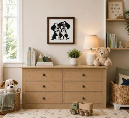 Cute Puppy Wall Art | Black Metal Dog Silhouette on White Distressed Wood | Black Walnut Framed Pet Decor | Dog Lover Gift