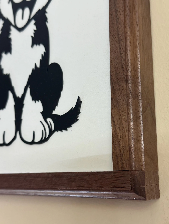 Cute Puppy Wall Art | Black Metal Dog Silhouette on White Distressed Wood | Black Walnut Framed Pet Decor | Dog Lover Gift