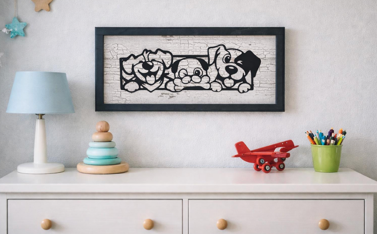 Dog Silhouette Wall Art or Shelf Decor | Black Metal Dog Sign on Distressed Wood | Nursery or Kids Room Decor | Handmade Pet Lover Gift