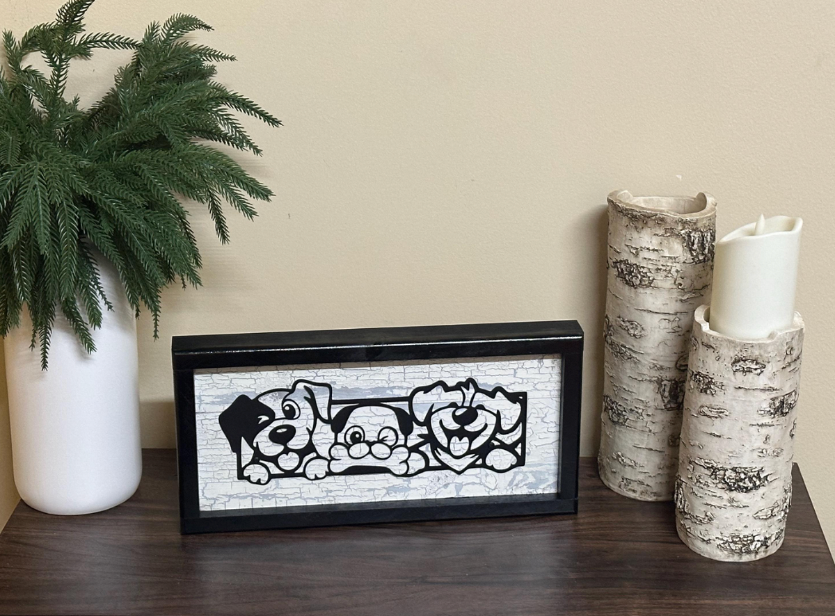Dog Silhouette Wall Art or Shelf Decor | Black Metal Dog Sign on Distressed Wood | Nursery or Kids Room Decor | Handmade Pet Lover Gift