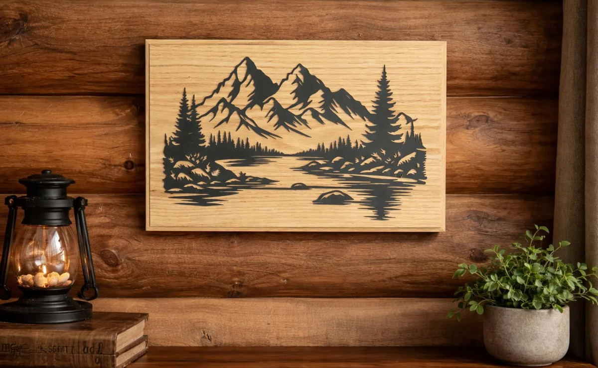 Beautiful mountains, handcrafted metal wall art, featuring a black steel landscape silhouette on solid red oak