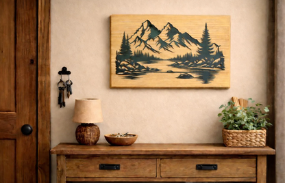 Beautiful mountains, handcrafted metal wall art, featuring a black steel landscape silhouette on solid red oak