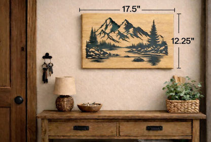 Beautiful mountains, handcrafted metal wall art, featuring a black steel landscape silhouette on solid red oak