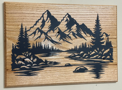 Beautiful mountains, handcrafted metal wall art, featuring a black steel landscape silhouette on solid red oak