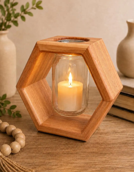 Modern Cherry Wood Vase Holder with Mason Jar