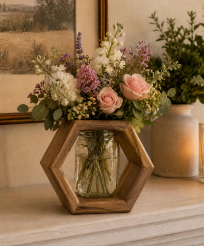 Handmade English Walnut Hexagon Mason Jar Vase