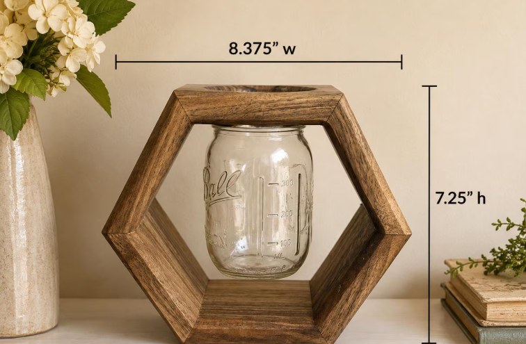 Handmade English Walnut Hexagon Mason Jar Vase