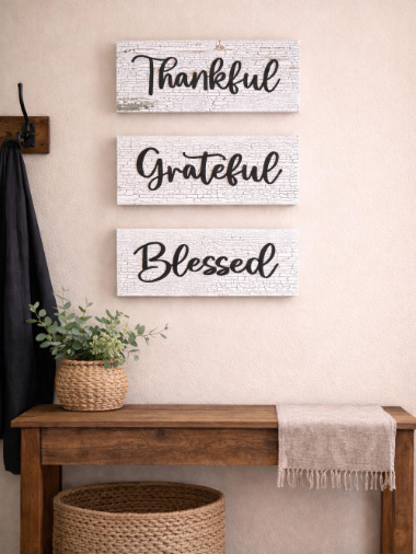 Rustic Wood Sign Set: Thankful, Grateful, Blessed, Farmhouse Decor