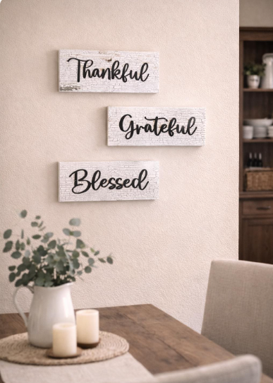 Rustic Wood Sign Set: Thankful, Grateful, Blessed, Farmhouse Decor