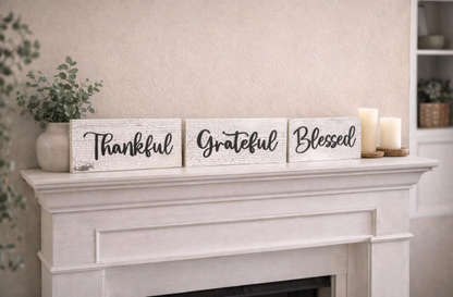 Rustic Wood Sign Set: Thankful, Grateful, Blessed, Farmhouse Decor
