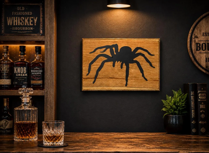 Metal Spider Wall Art on Cherry Wood | Man Cave, Boys Room Decor