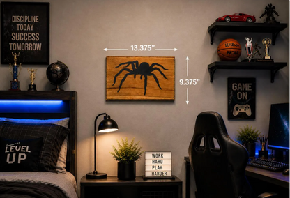 Metal Spider Wall Art on Cherry Wood | Man Cave, Boys Room Decor
