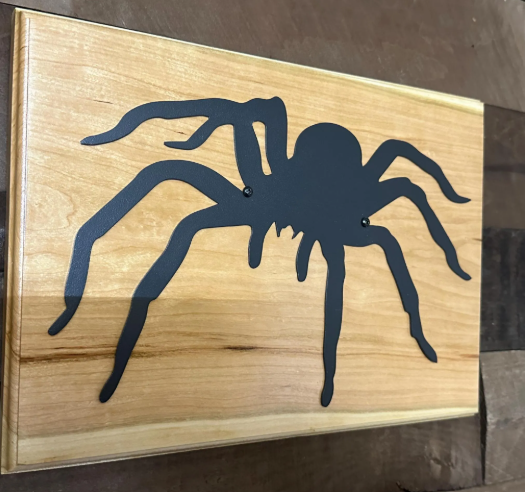 Metal Spider Wall Art on Cherry Wood | Man Cave, Boys Room Decor