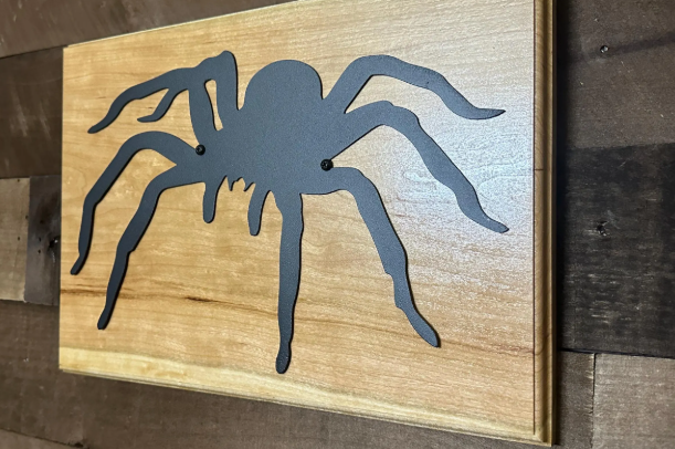 Metal Spider Wall Art on Cherry Wood | Man Cave, Boys Room Decor