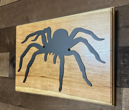 Metal Spider Wall Art on Cherry Wood | Man Cave, Boys Room Decor