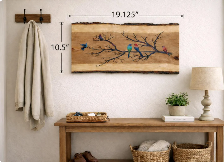 Birds on a Branch Wall Art, Live Edge Cherry Wood Decor, Colorful Bird Wall Hanging, Nature Inspired Handmade Wood Sign