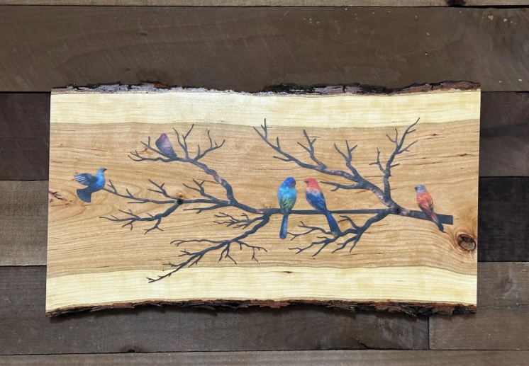 Birds on a Branch Wall Art, Live Edge Cherry Wood Decor, Colorful Bird Wall Hanging, Nature Inspired Handmade Wood Sign