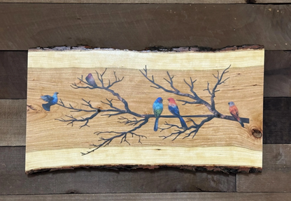 Birds on a Branch Wall Art, Live Edge Cherry Wood Decor, Colorful Bird Wall Hanging, Nature Inspired Handmade Wood Sign