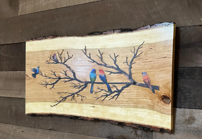 Birds on a Branch Wall Art, Live Edge Cherry Wood Decor, Colorful Bird Wall Hanging, Nature Inspired Handmade Wood Sign