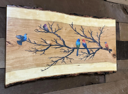 Birds on a Branch Wall Art, Live Edge Cherry Wood Decor, Colorful Bird Wall Hanging, Nature Inspired Handmade Wood Sign