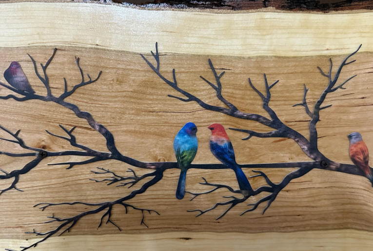 Birds on a Branch Wall Art, Live Edge Cherry Wood Decor, Colorful Bird Wall Hanging, Nature Inspired Handmade Wood Sign